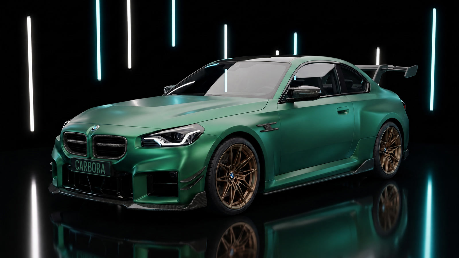 BMW M2 verde con parrilla, insignias laterales y aerokit de fibra de carbono