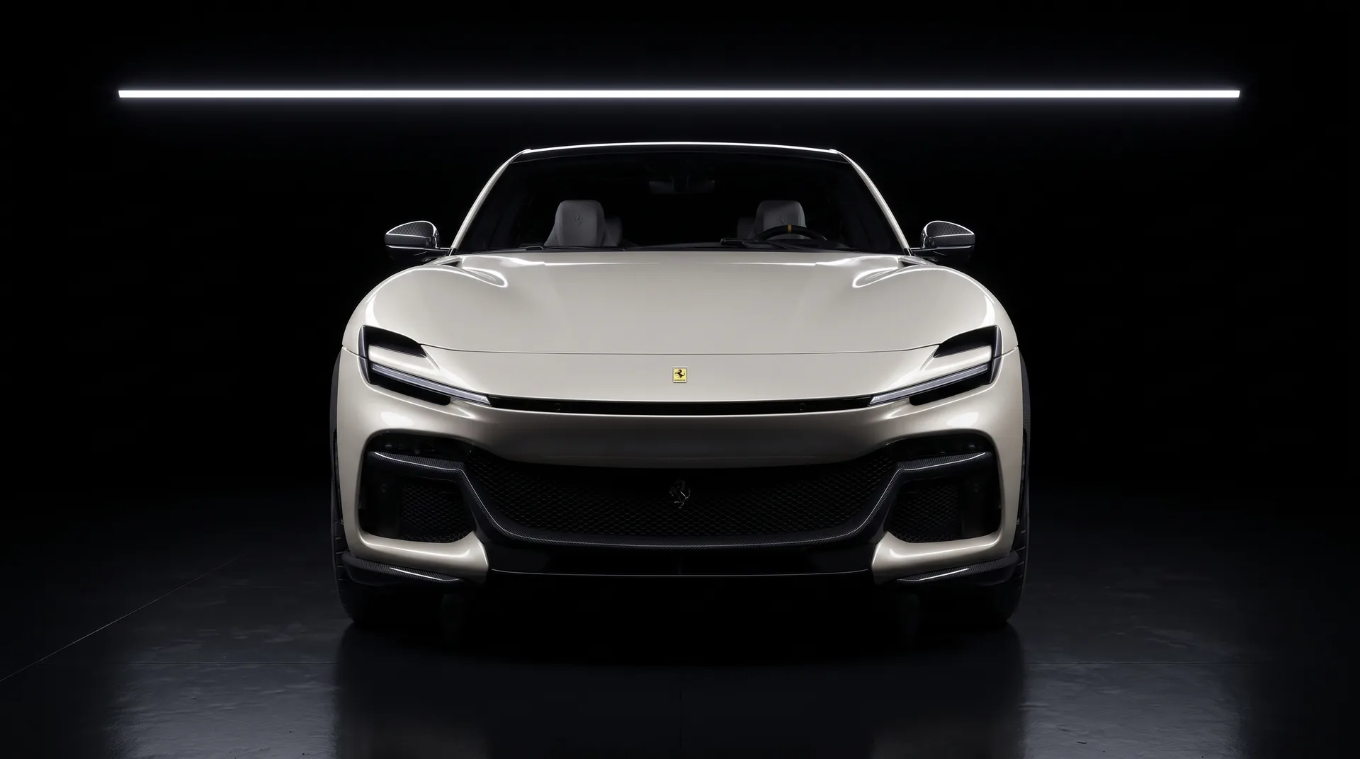 Frente del Ferrari Purosangue en estudio oscuro, representación digital