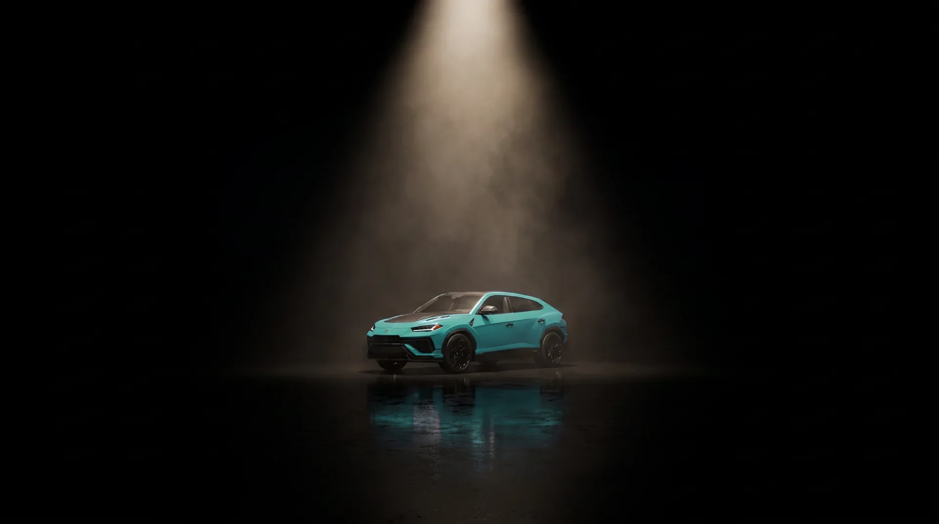 Urus Performante bajo un cono de luz en la oscuridad